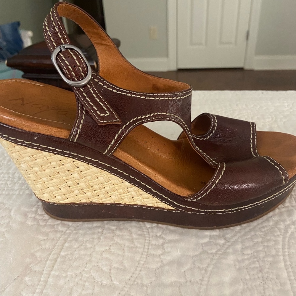 Size 10 brown leather wedge sandals.  Naya brand